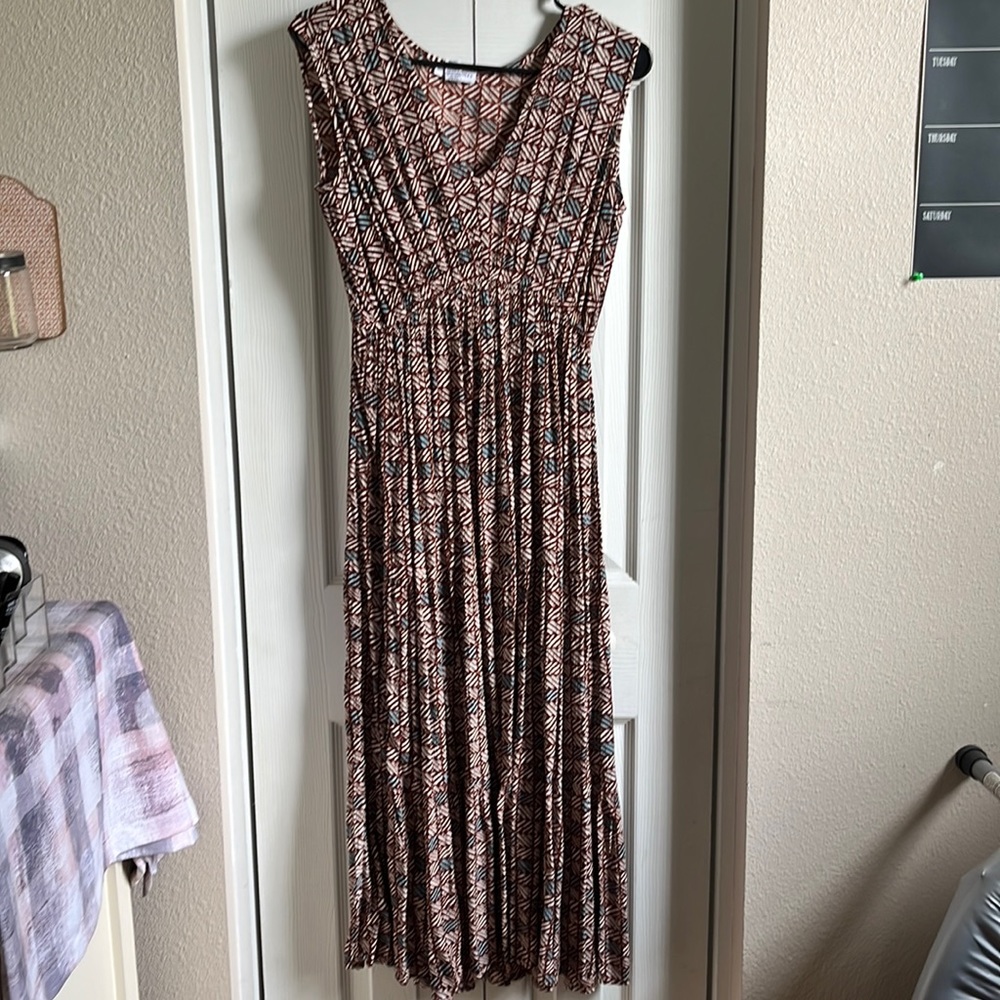 Brown, sky blue, and white pattern maxi dress
